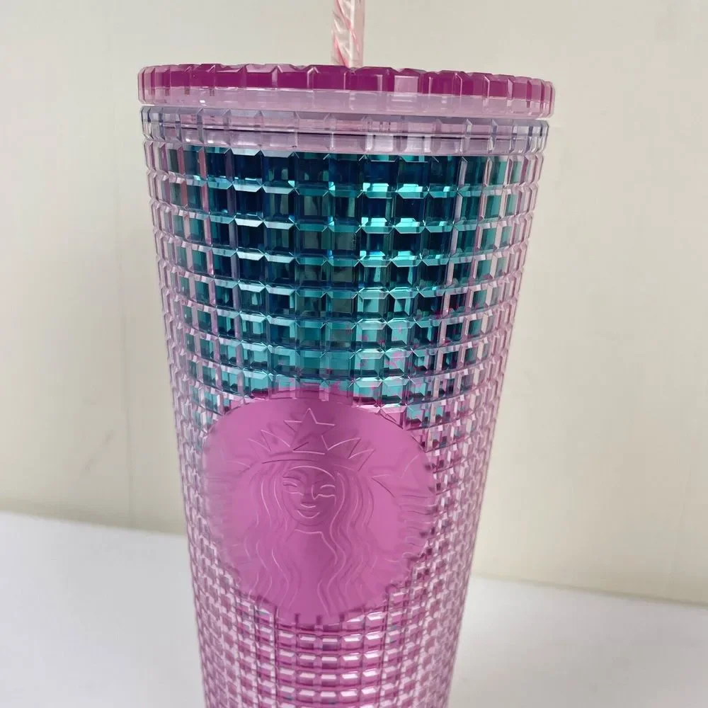 Starbucks 2021‎ Pink Teal Grid Cup Tumbler 24 oz